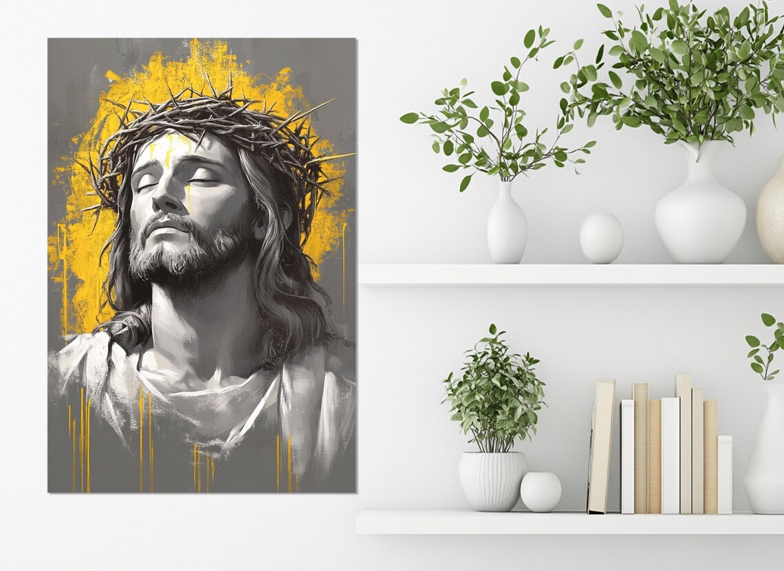 Jesus Christ Crown Of Thorns Grey Gold Portrait Modern Religious Wall Poster - Image 4