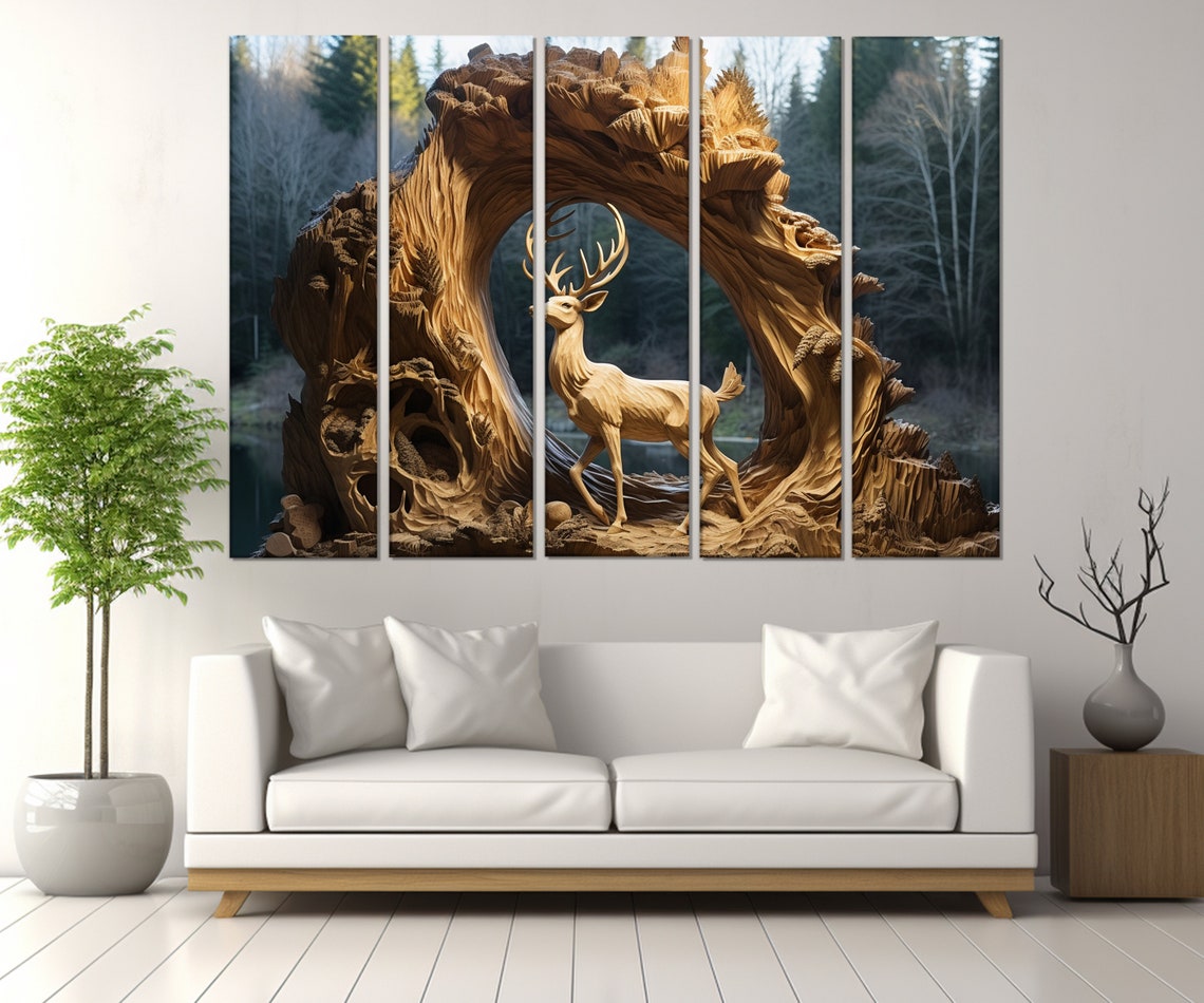 Carved Wooden Stag Deer Tree Trunk Arch Forest Sculpture Art Poster - Image 3