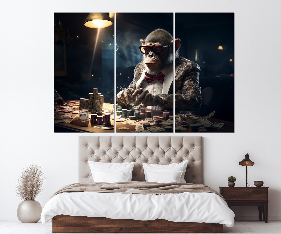 Monkey Playing Poker Suit Bow Tie Glasses Casino Night Wall Art Poster - Image 4