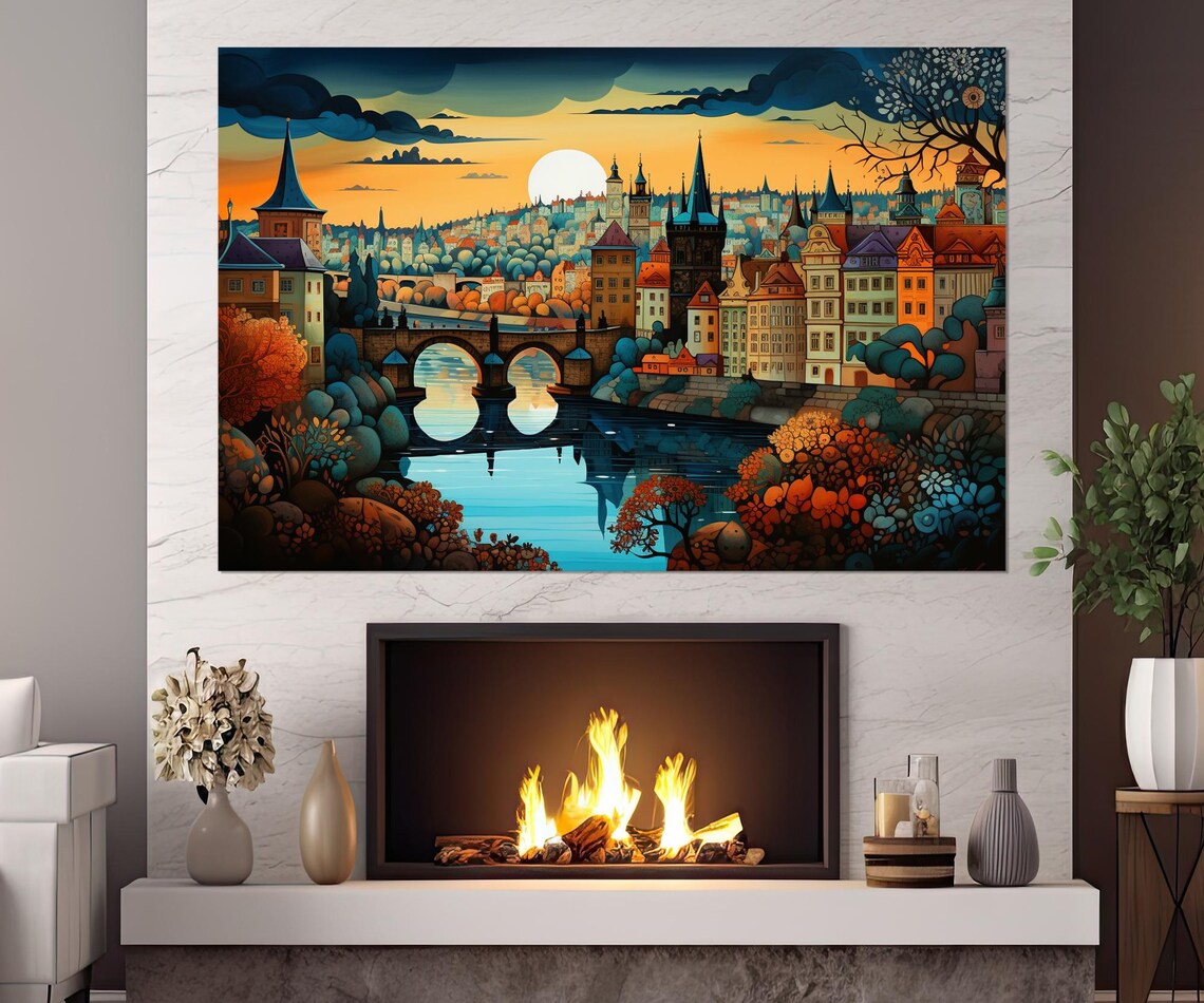 Prague Old Town Bridge Moonrise Colorful Czech River Scene Poster