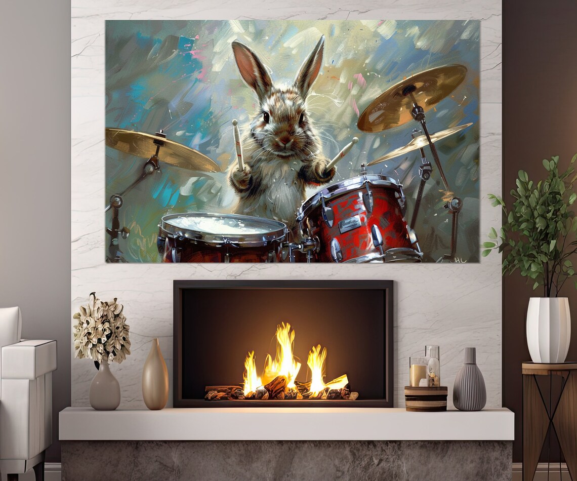 Rabbit Drummer Art Print, Funny Musician Gift