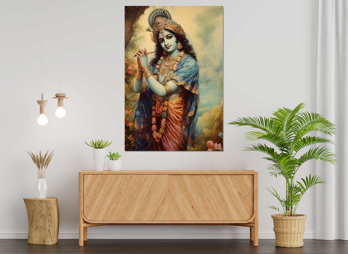 Lord Krishna Playing Flute Peacock Crown Hindu God Wall Art Poster - Image 2