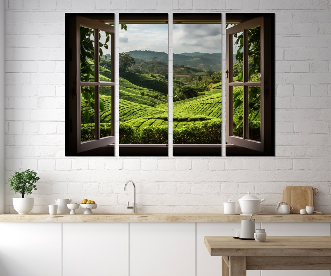 Open Window With Tea Fields View Print Tea Plantation Window View Tea Print Framed And Ready To Hang - Image 3