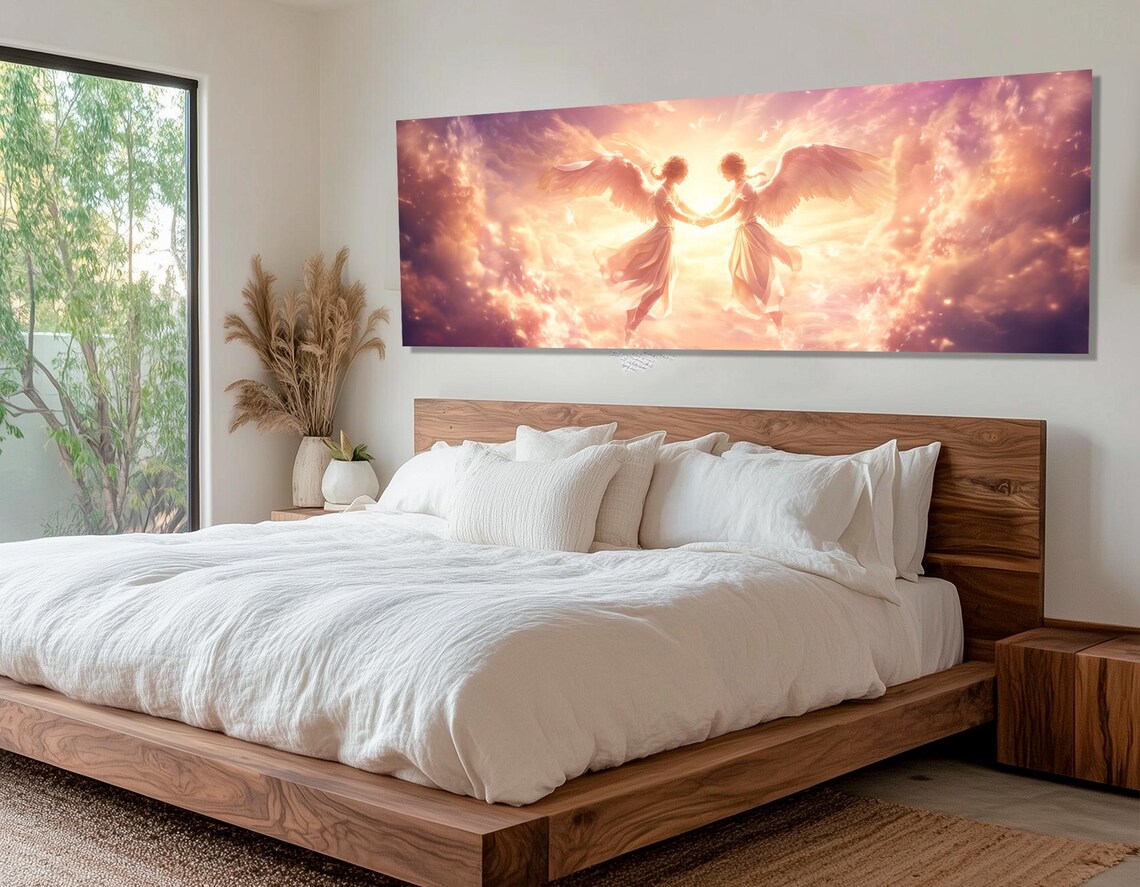 Two Angels Holding Hands Golden Heavenly Clouds Warm Light Wall Art Print - Image 3