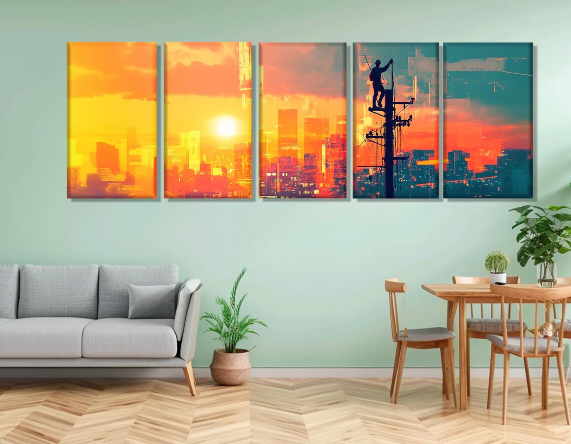 Electrician Silhouette Power Pole Sunset City Skyline Worker Poster - Image 4
