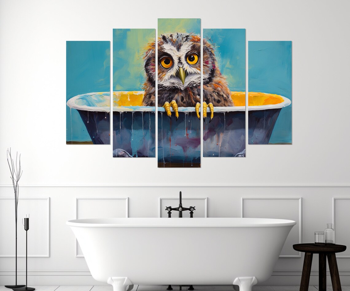 Cute Wide Eyed Owl Sitting In A Vintage Bathtub Playful Poster - Image 2