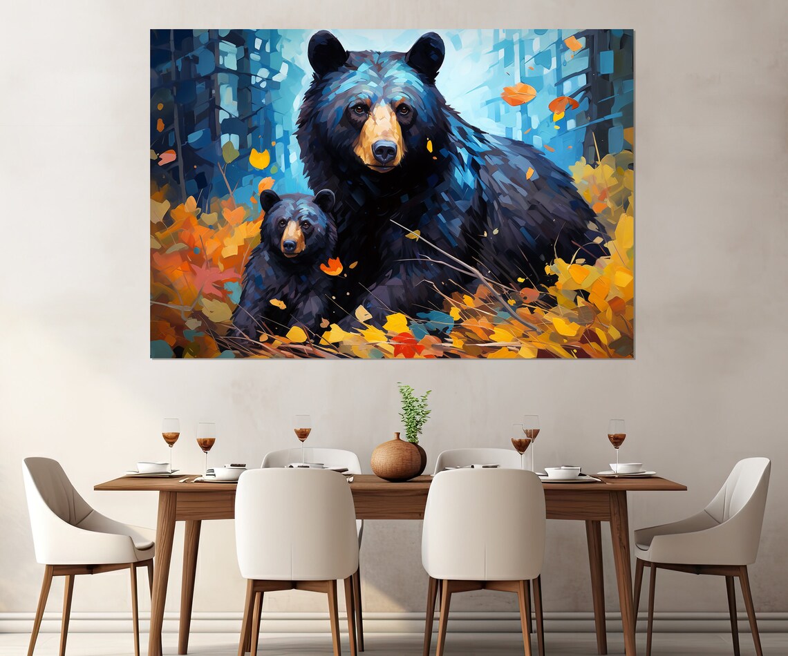 Black Bear Mother And Cub In An Autumn Forest Painterly Poster