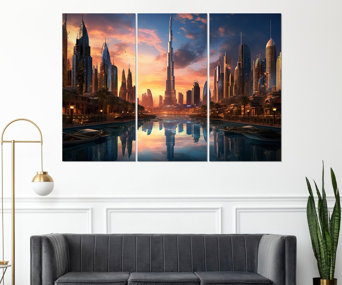 Dubai Skyline Sunset Burj Khalifa Water Reflection Cityscape Poster - Image 3