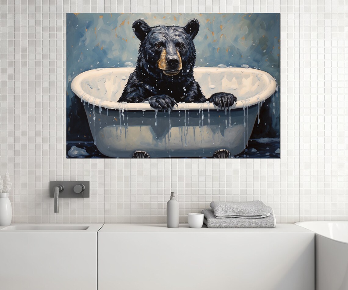 Baby Black Bear Splashing In A White Vintage Bathtub Cute Poster - Image 2