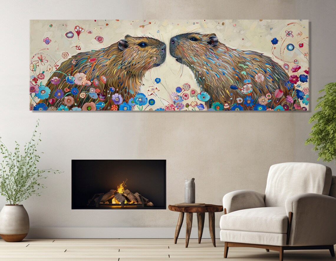 Capybaras Couple Painting, Romantic Wall Art Print