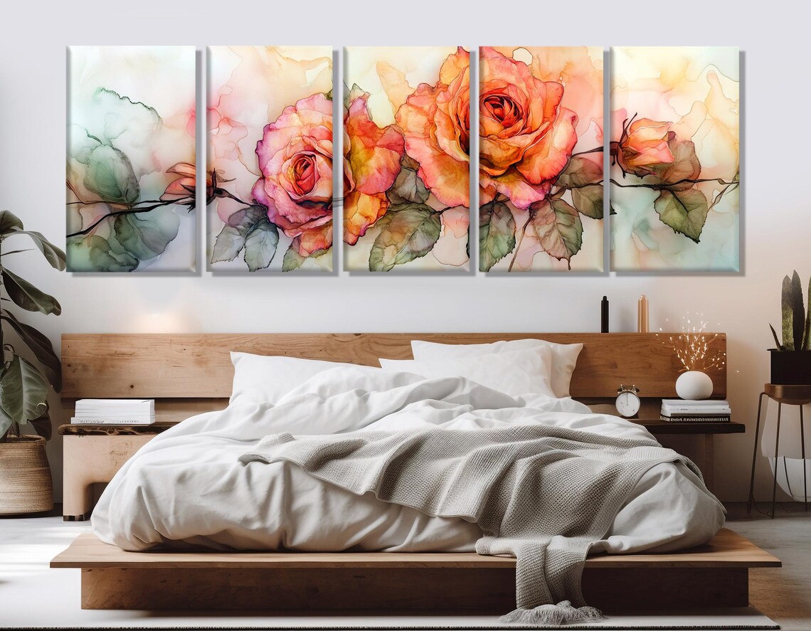 Watercolor Roses Orange Pink Blooming Branch Panoramic Floral Poster - Image 3