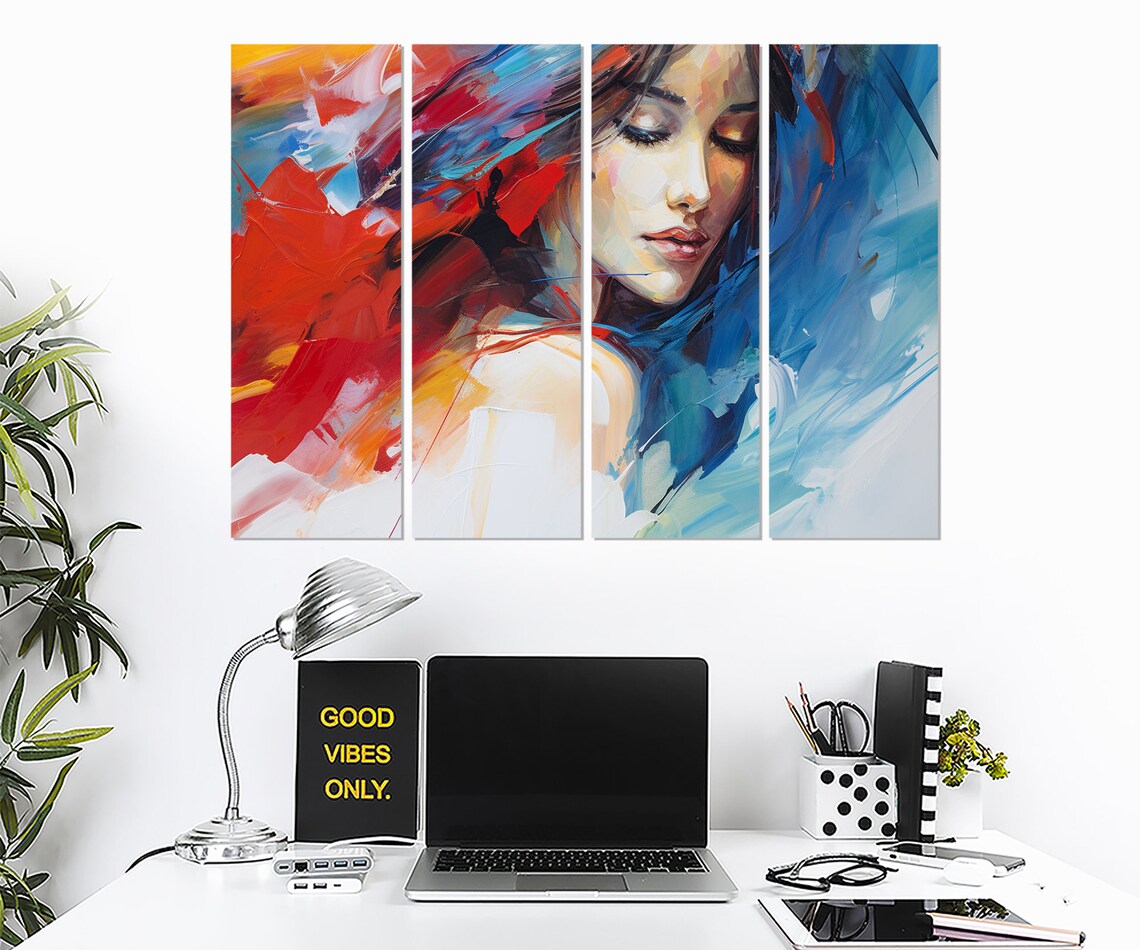 Colorful Abstract Woman Portrait Red Blue Expressionist Brushstroke Wall Poster - Image 2