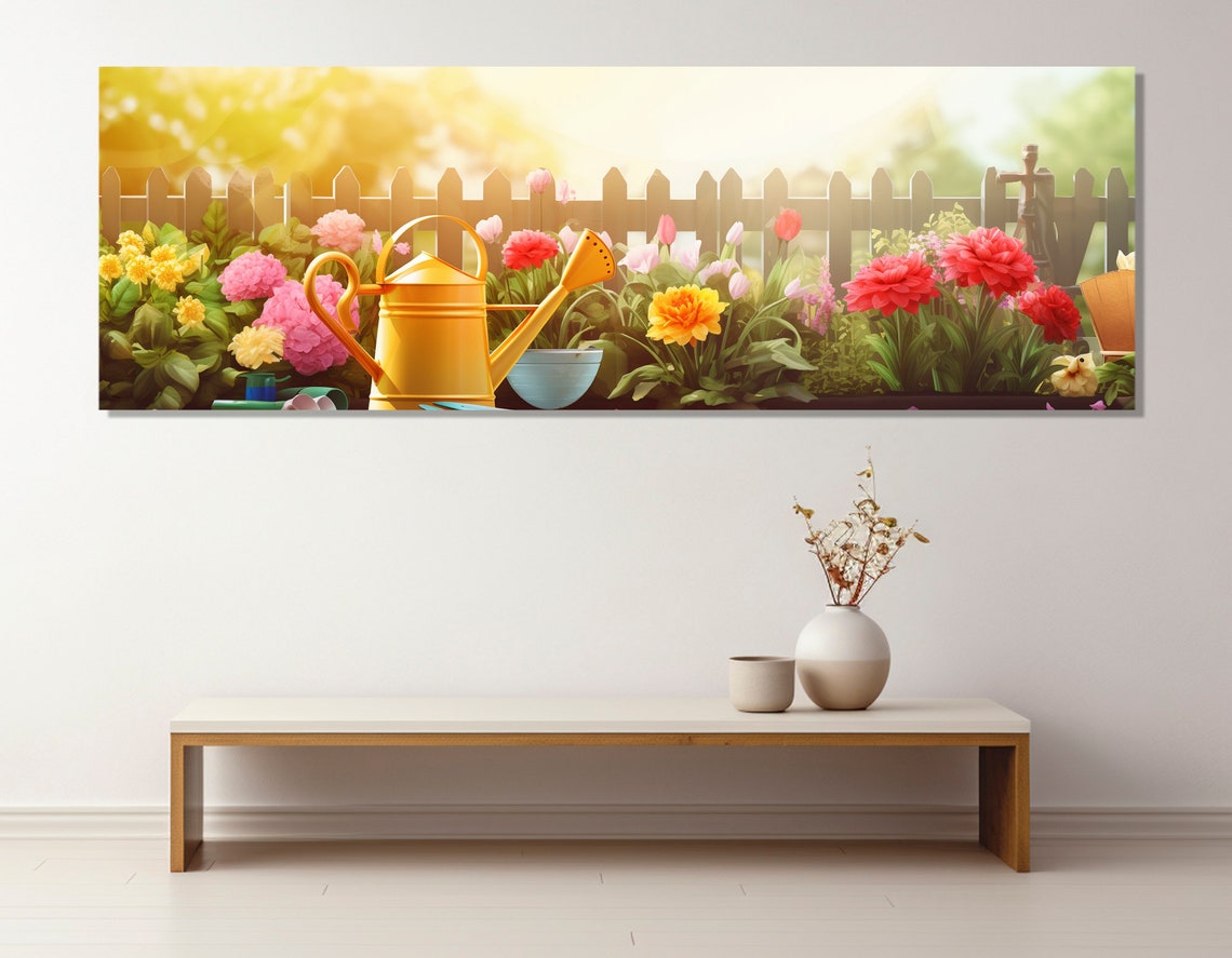 Yellow Watering Can Blooming Garden Picket Fence Sunny Wall Art Print - Image 3