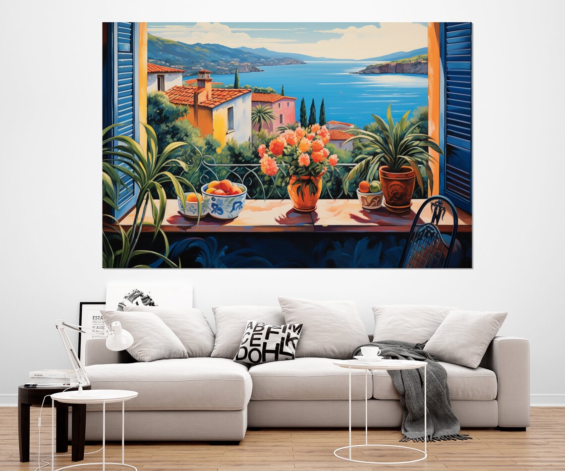 French Riviera Window View Blue Shutters Mediterranean Coast Scene Poster - Image 2