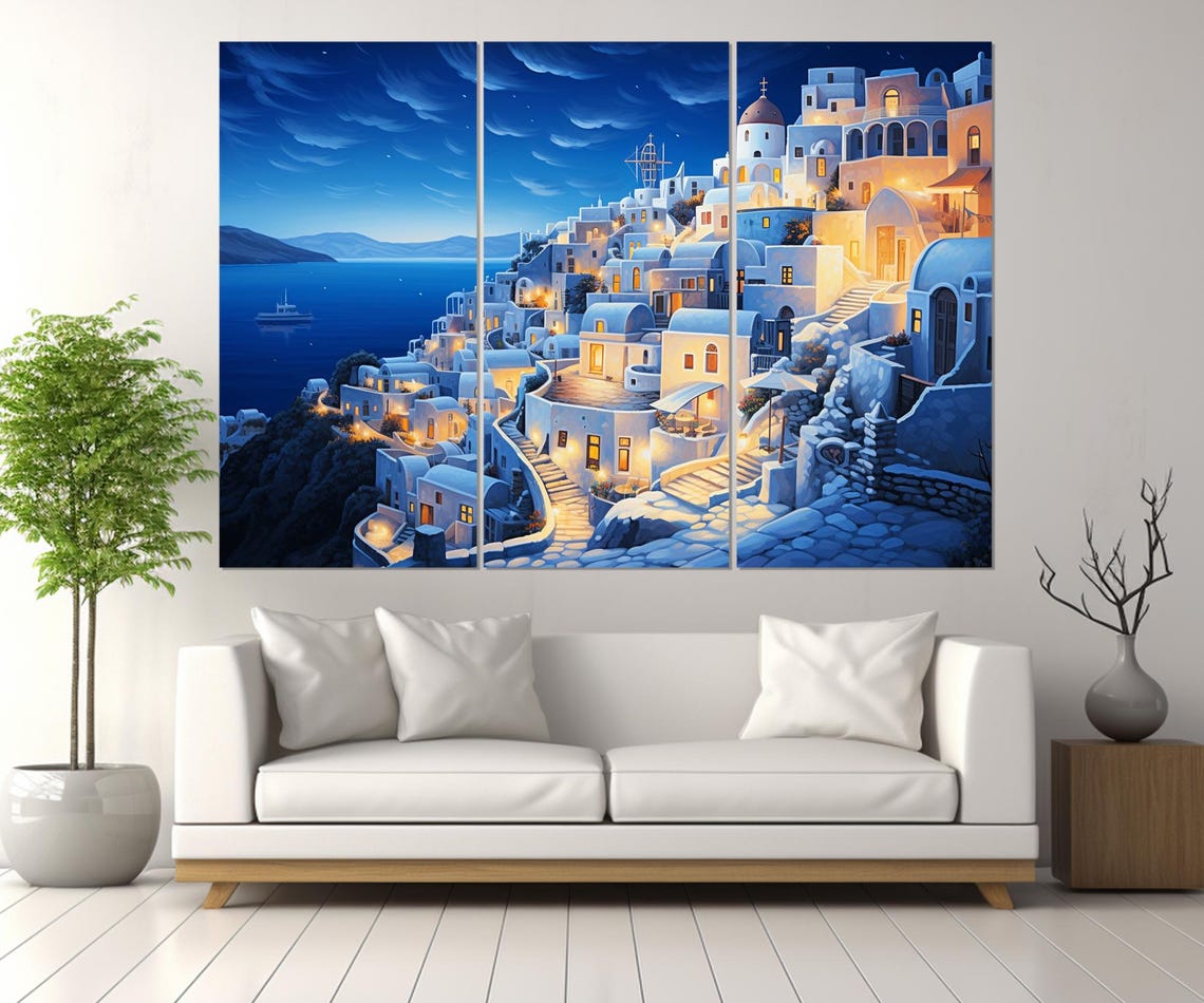 Santorini Greece Oia White Village Night Lights Blue Dome Poster - Image 4