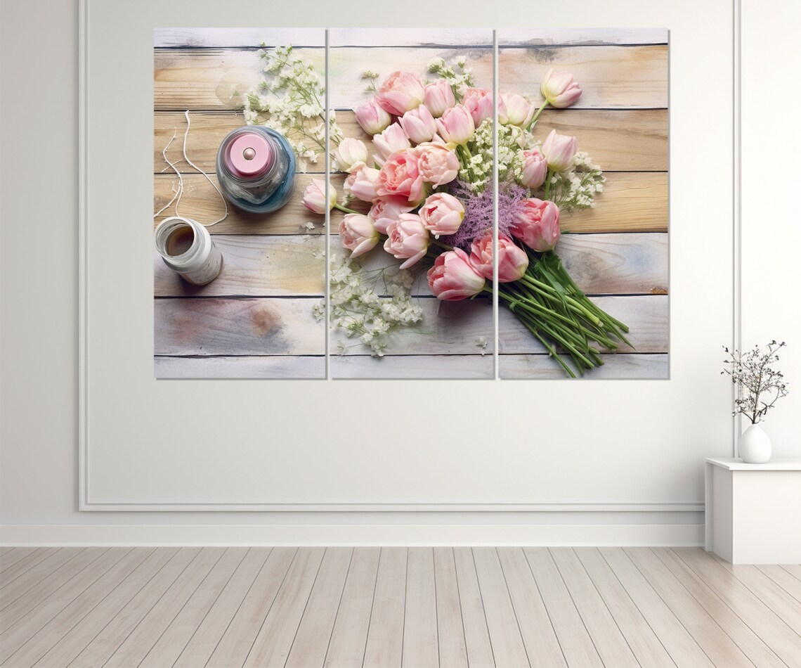 Pink Tulip Bouquet Baby Breath Rustic Wood Table Floral Poster - Image 2