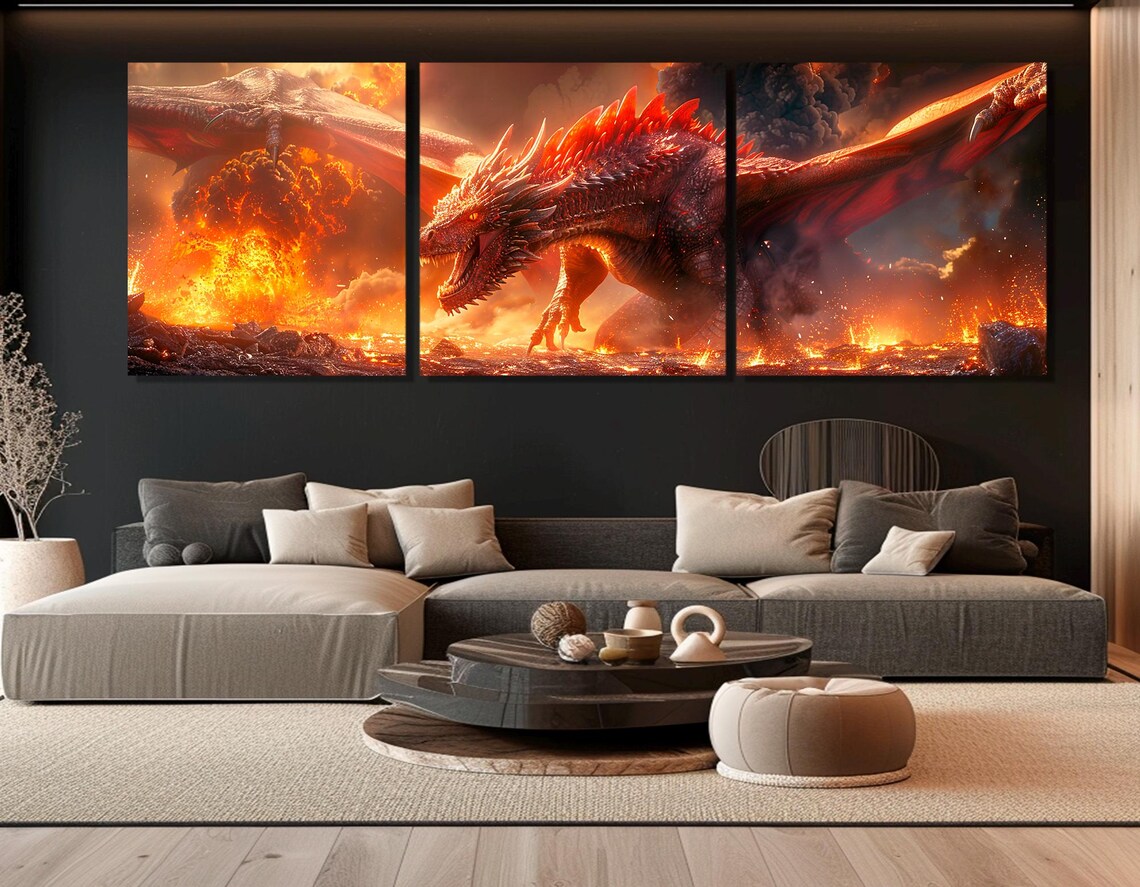 Fantasy Dragons in Fire Poster, Mythical Wall Art - Image 4
