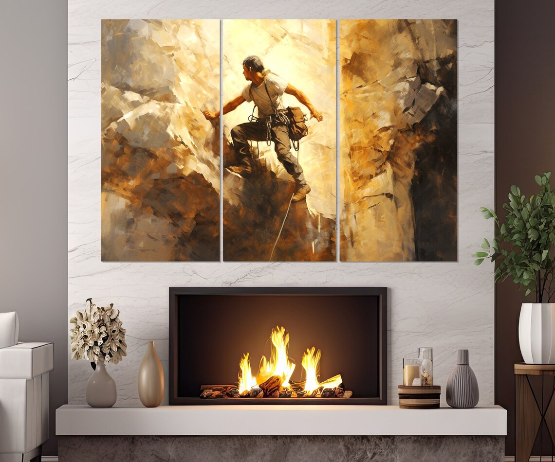 Rock Climber Ascending Sunlit Golden Cliff Oil Painting Sports Wall Poster - Image 4