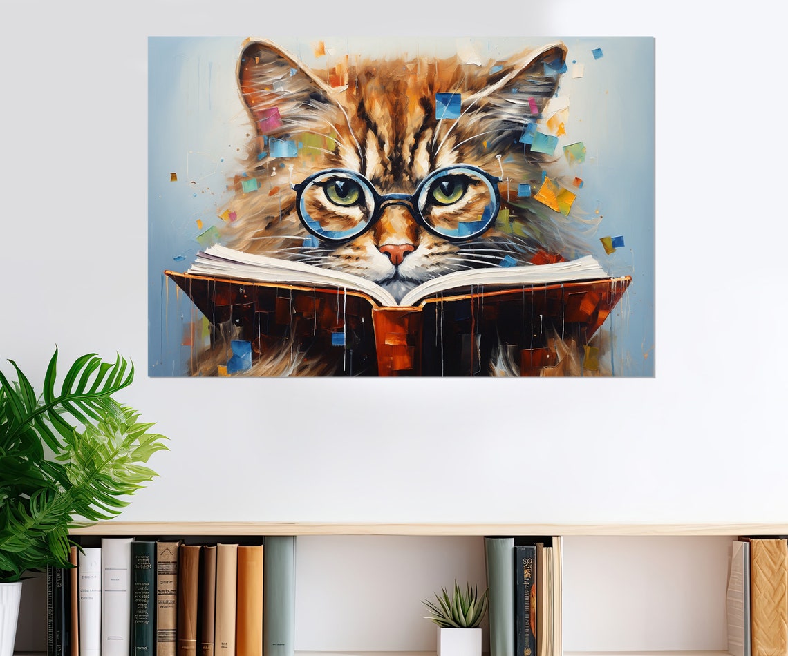 Fluffy Cat Wearing Round Blue Glasses Reading A Book Funny Poster