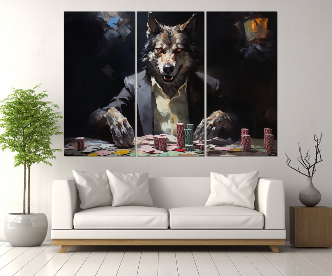 Wolf Playing Poker Suit Casino Table Chips Cards Dark Wall Art Poster - Image 2