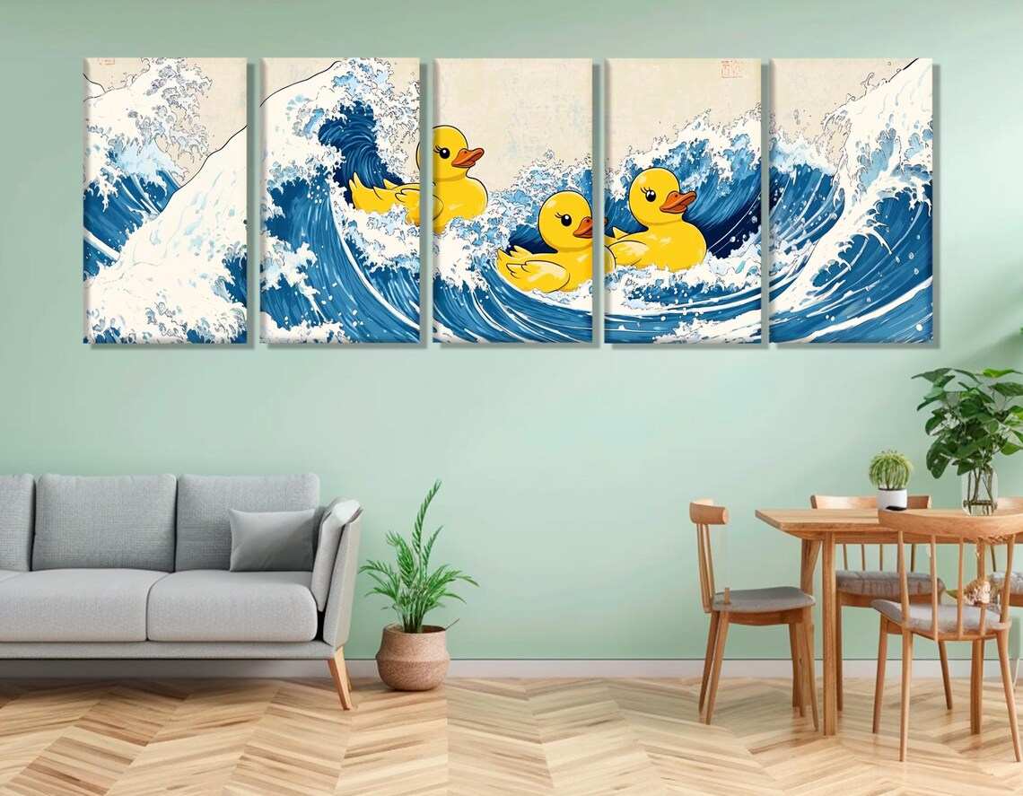 Rubber Ducks Riding Great Wave Japanese Funny Kanagawa Parody Poster - Image 2