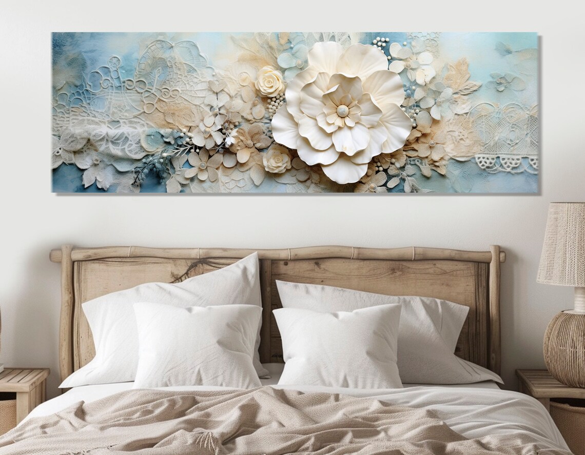 White 3D Blossoms Lace Powder Blue Floral Panoramic Bedroom Wall Art