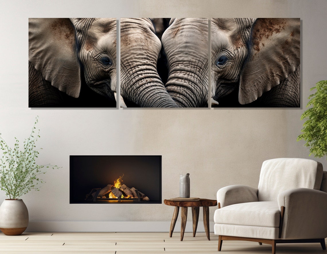 Two Elephants Close Up Trunks Touching Dramatic Black Art Poster - Image 4