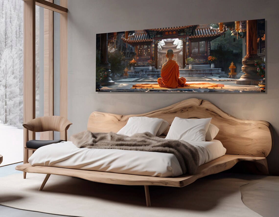 Buddhist Monk Meditating Orange Robes Asian Temple Zen Spiritual Wall Art - Image 2