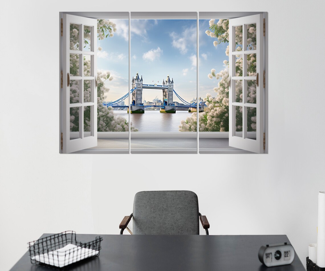 Open Window Tower Bridge London Blossom Frame Faux Window Poster - Image 3