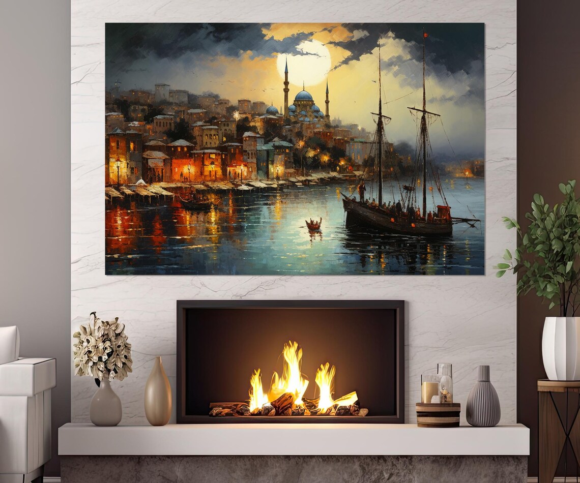 Istanbul Turkey Harbor Mosque Moonlit Old Town Painting Travel Poster - Image 2