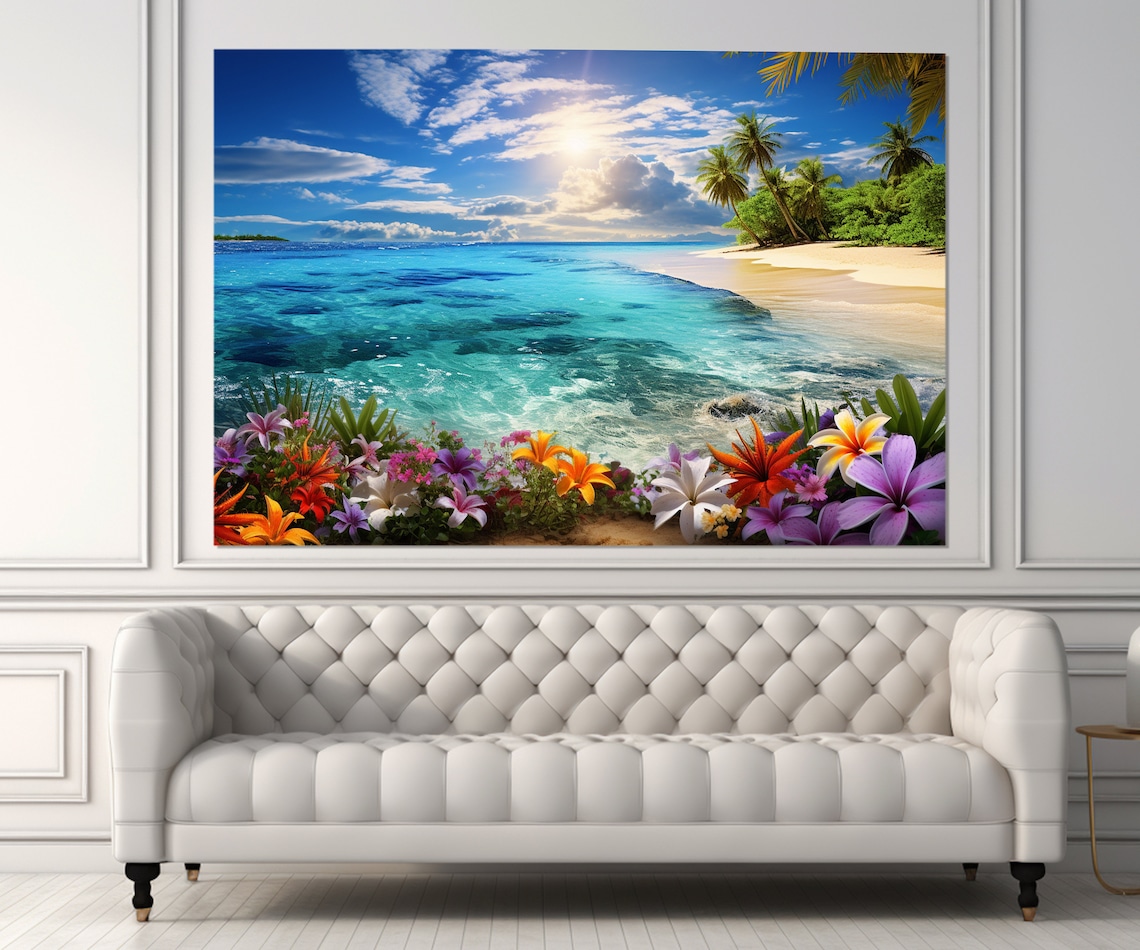 Tropical Beach Turquoise Water Colorful Flowers Paradise Poster