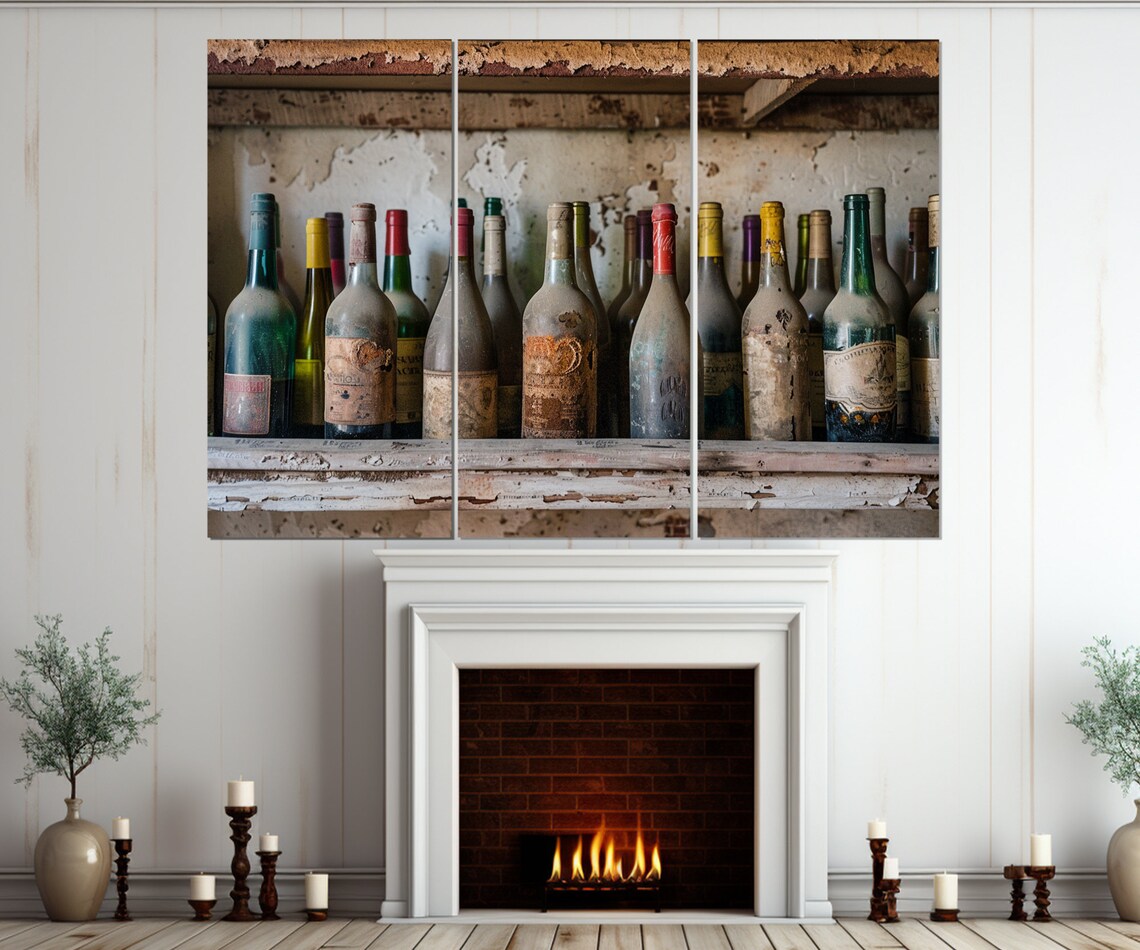 Old Dusty Wine Bottles Rustic Cellar Shelf Vintage Faded Labels Art Print - Image 4