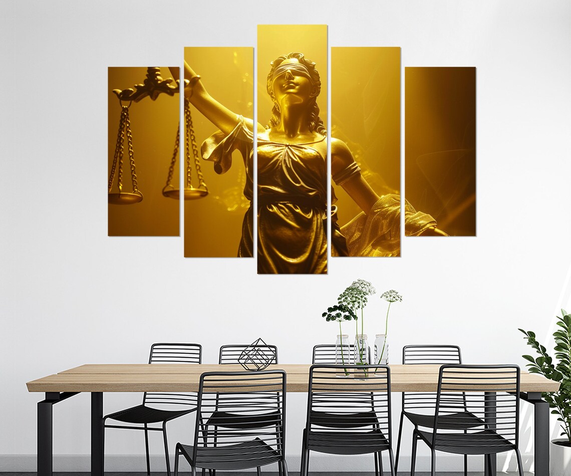 Golden Lady Justice Holding Scales Dramatic Glow Lawyer Office Decor Poster - Image 3