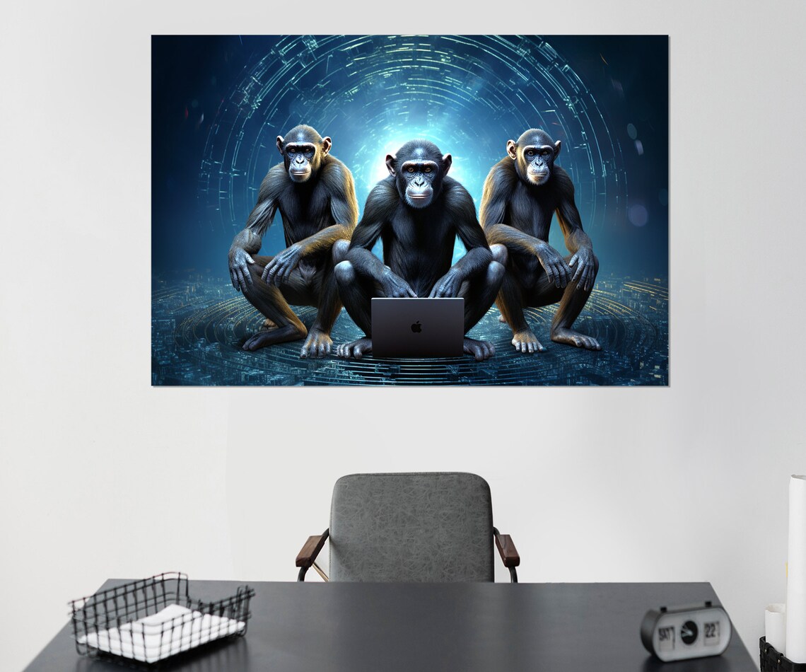 Three Chimpanzees With Laptop Blue Digital Matrix Funny Office Wall Art Print - Image 2
