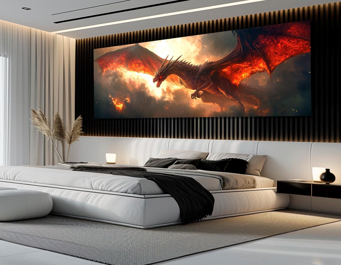 Majestic Red Fire Dragon Soaring Through Flames Fantasy Painting Poster - Image 3