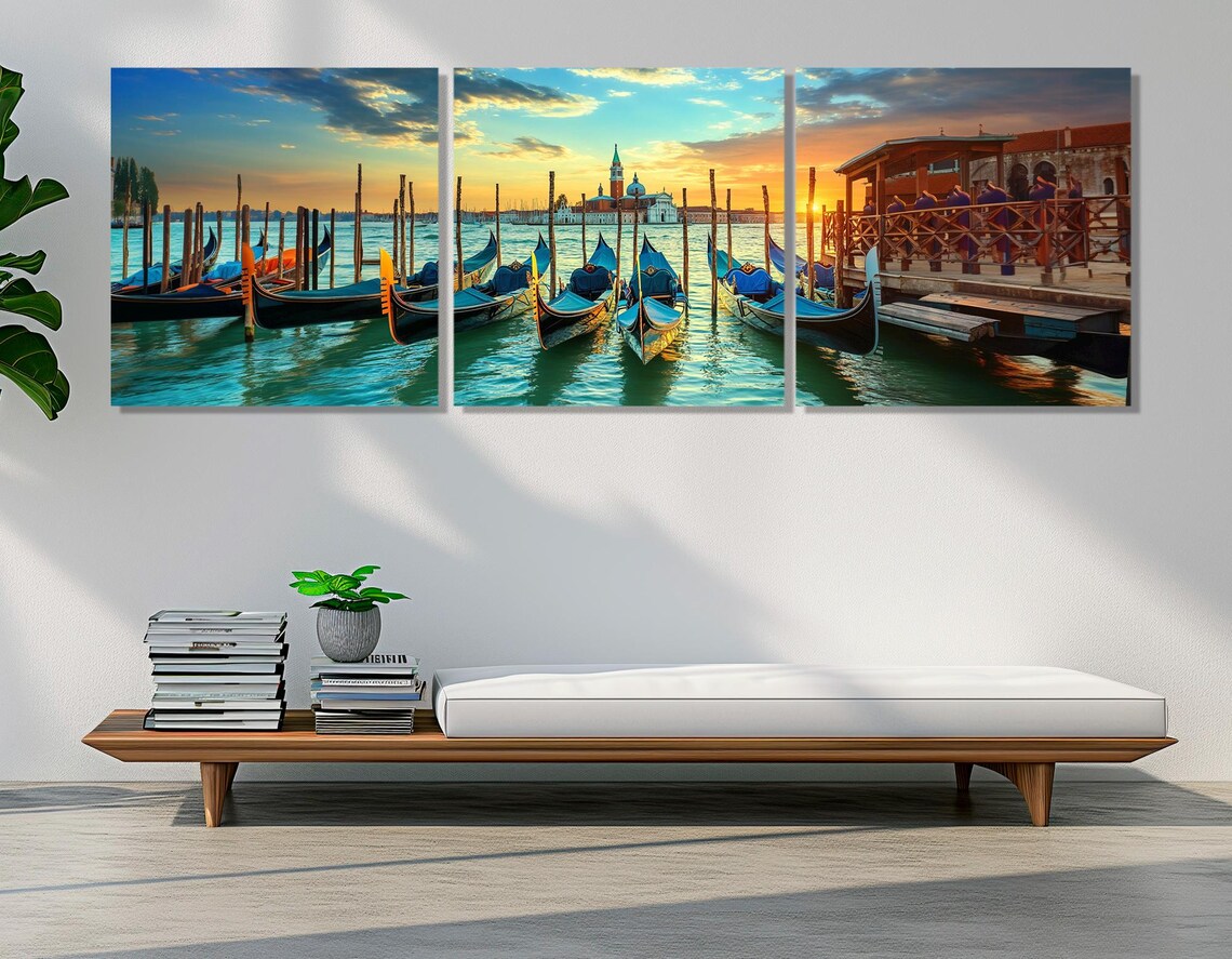 Venice Gondolas Sunset Moored Boats Golden Sky Panoramic Travel Poster - Image 4