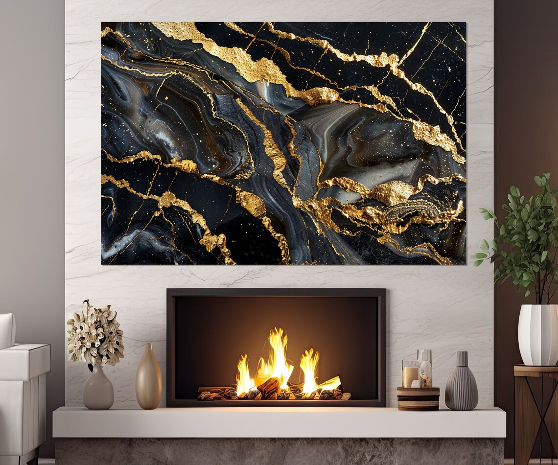 Black Gold Marble Abstract Kintsugi Veins Luxury Modern Wall Poster