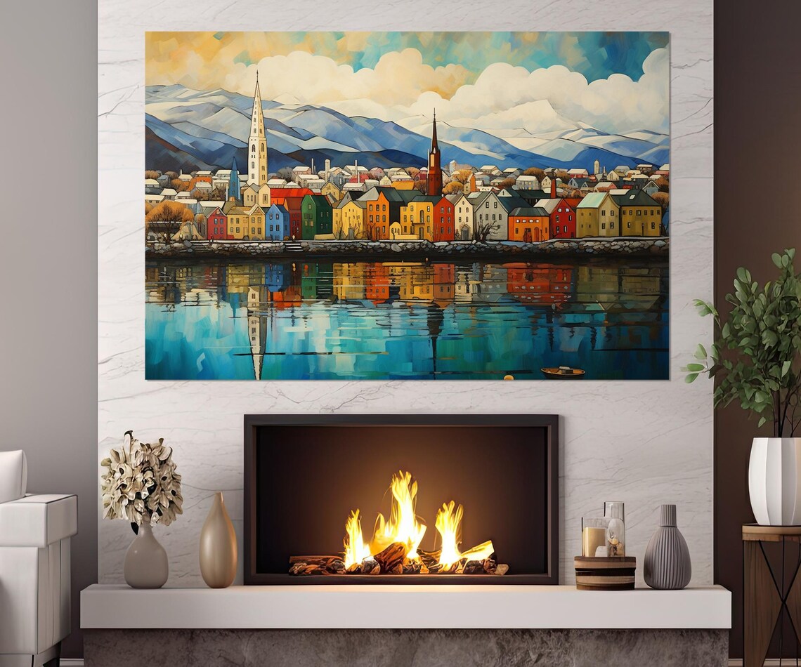 Reykjavik Iceland Waterfront Church Spires Mountains Color Poster