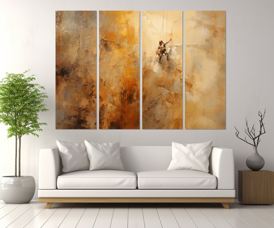 Abstract Rock Climber Golden Cliff Painting Modern Sports Wall Art Poster - Image 2