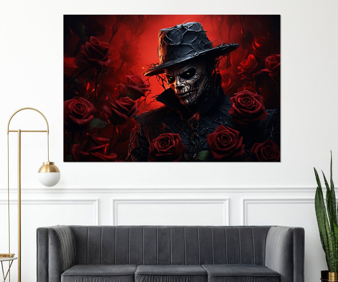 Skull Faced Man In Top Hat With Red Roses Gothic Horror Art Poster