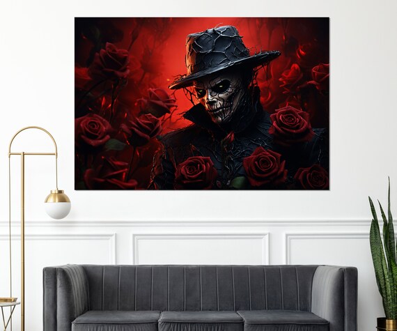 Skull Faced Man In Top Hat With Red Roses Gothic Horror Art Poster