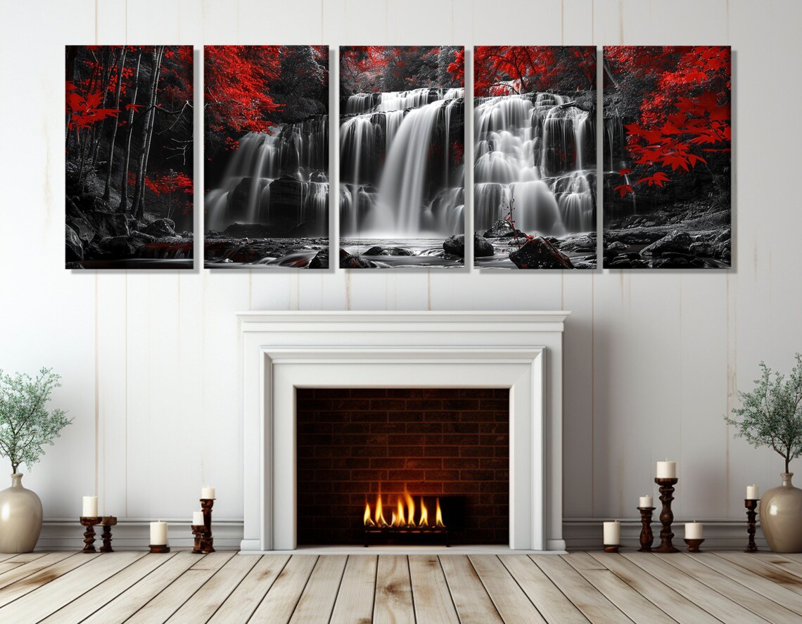 Abstract Black And White Waterfall in Red Forest Art Print - Image 3
