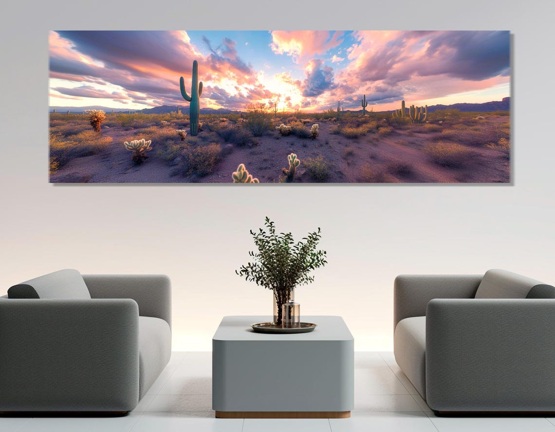 Desert Cactus Sunset Saguaro Pink Clouds Panoramic Landscape Poster