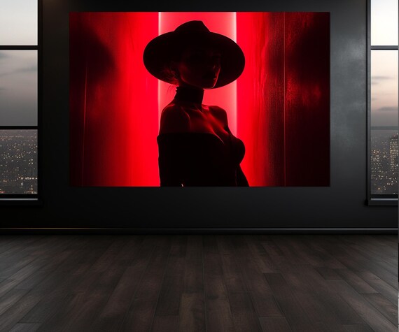 Mysterious Woman Red Neon Light Silhouette Hat Modern Art Poster