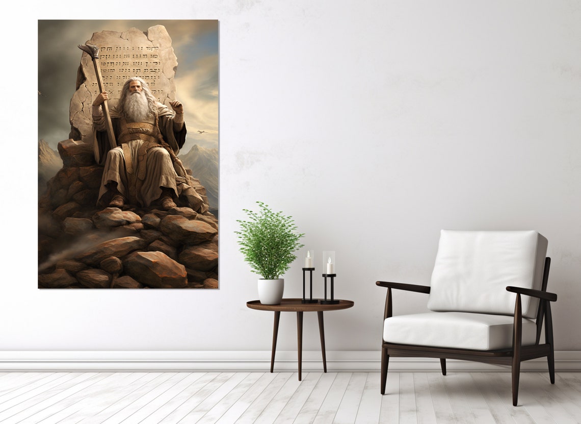 Moses with Staff Stone Tablets Mountaintop Biblical Scene Art Poster - Image 2