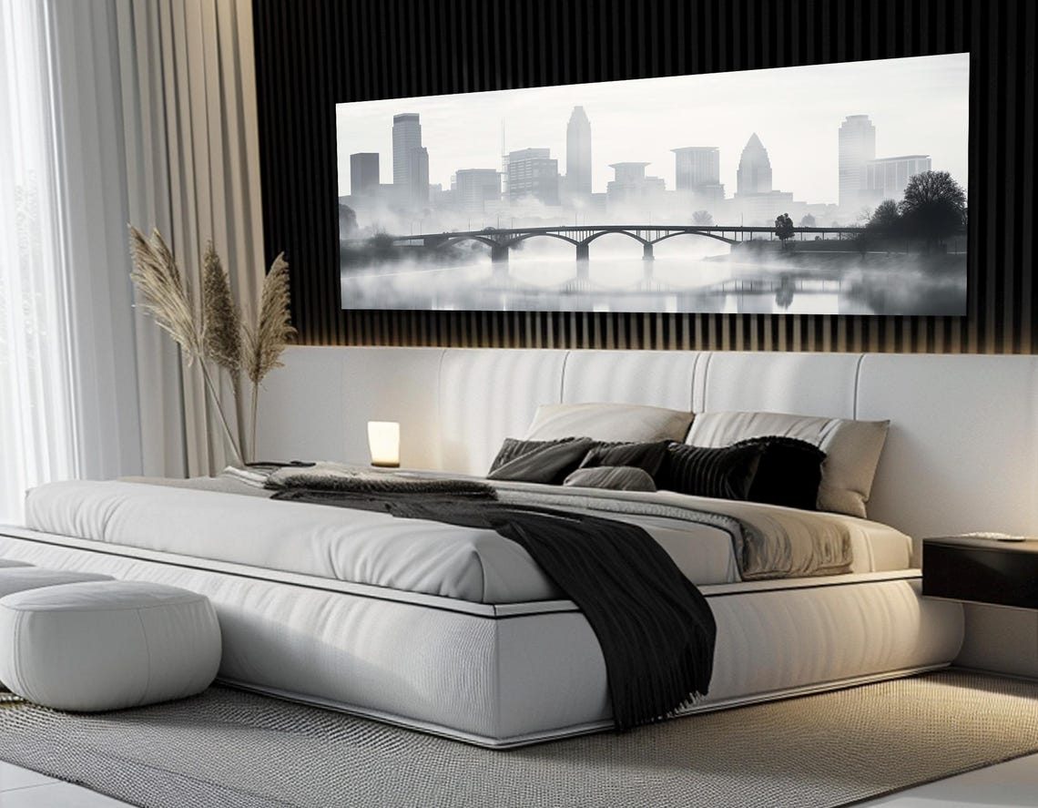 Misty Columbus Ohio Black And White Foggy Bridge Skyline Poster - Image 3