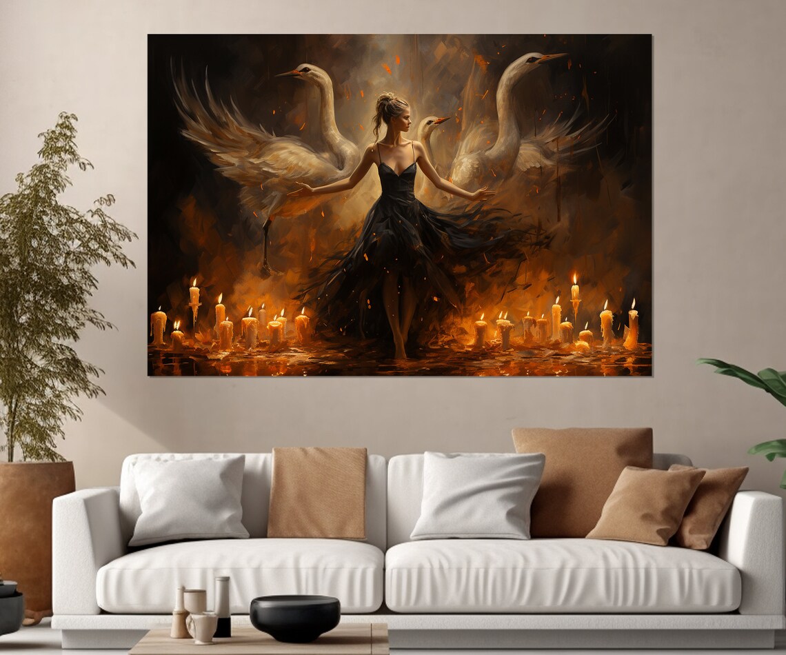Black Swan Ballerina Dancing With White Swans Candlelight Poster