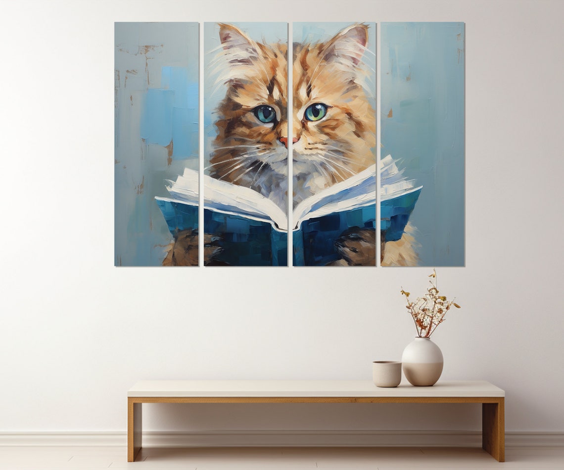 Fluffy Orange Cat Reading An Open Book Cute Painterly Poster - Image 2