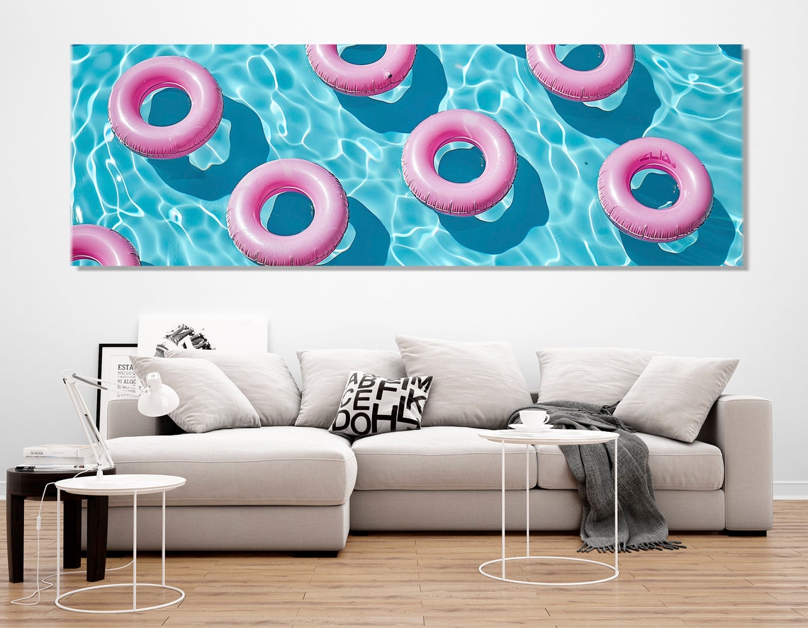 Pink Pool Floats Turquoise Water Top Down Summer Aerial View Poster - Image 2