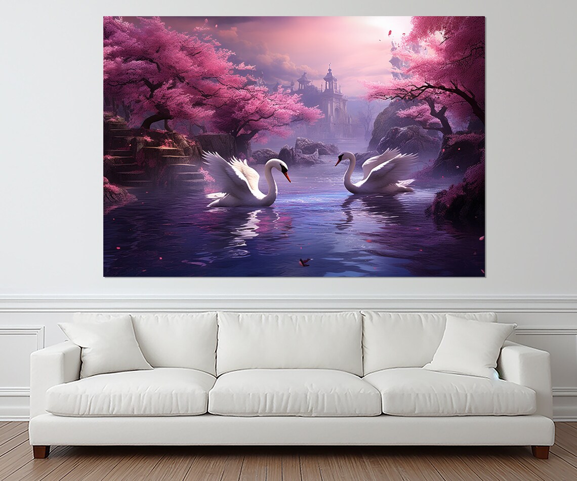 Two White Swans On A Fantasy Lake With Pink Cherry Blossoms Poster